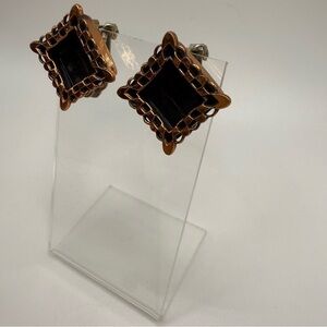 Vintage Renoir Ebony Lace Shadow Box Copper & Black Clip-On Earrings